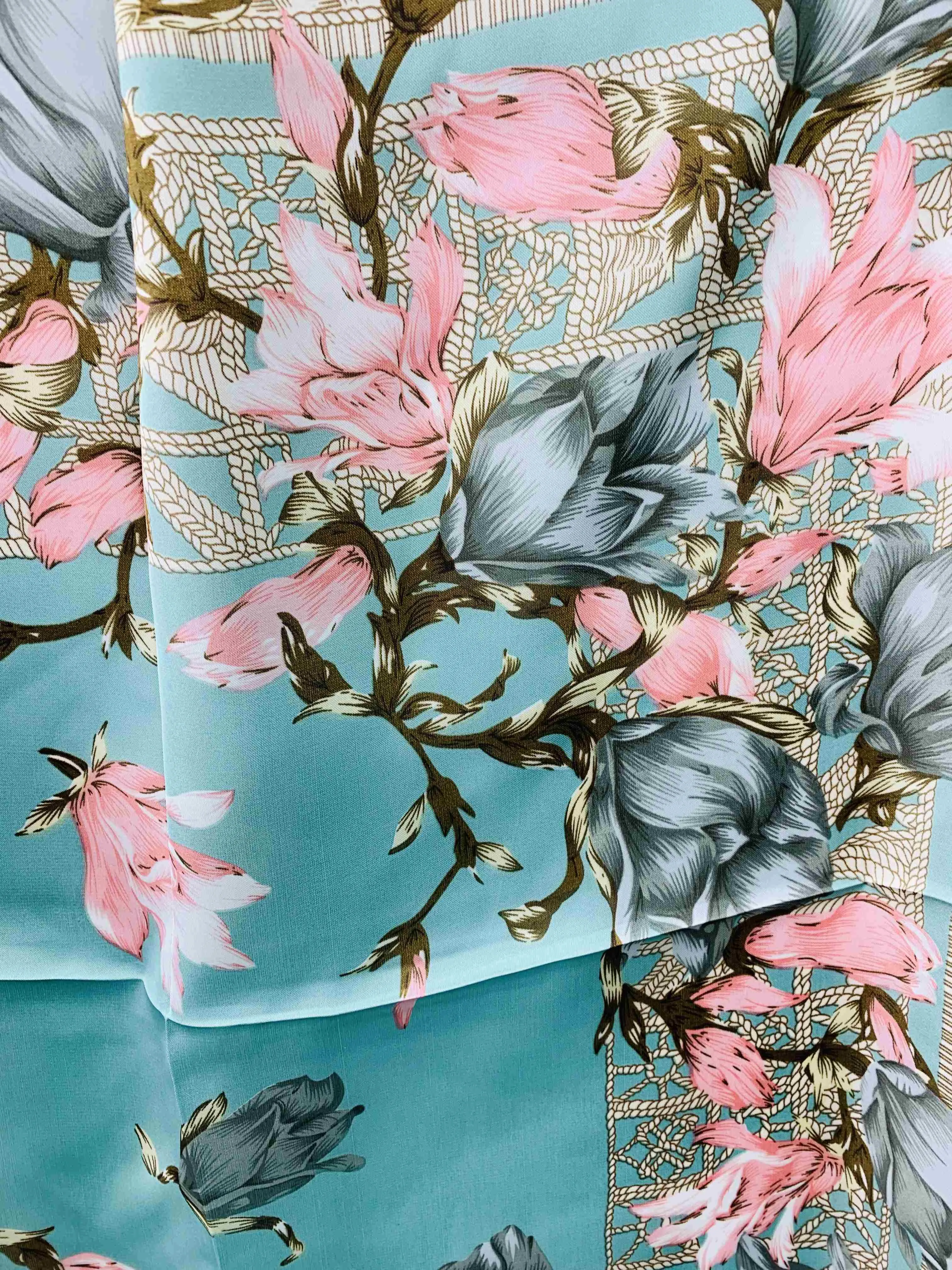 Luxurious Silk-Feel Square Scarf--Aqua & Pink Floral