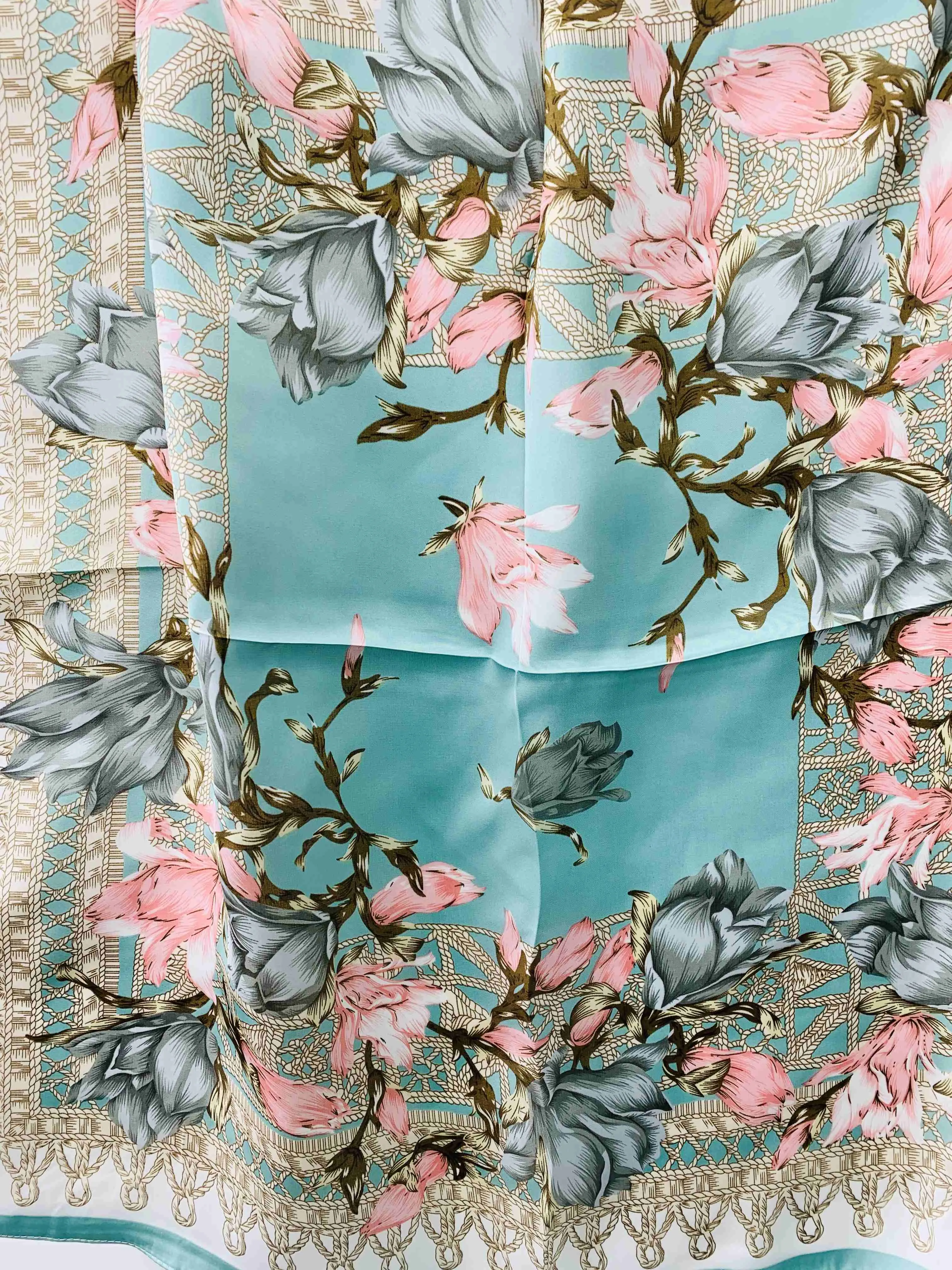 Luxurious Silk-Feel Square Scarf--Aqua & Pink Floral