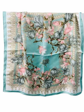Luxurious Silk-Feel Square Scarf--Aqua & Pink Floral