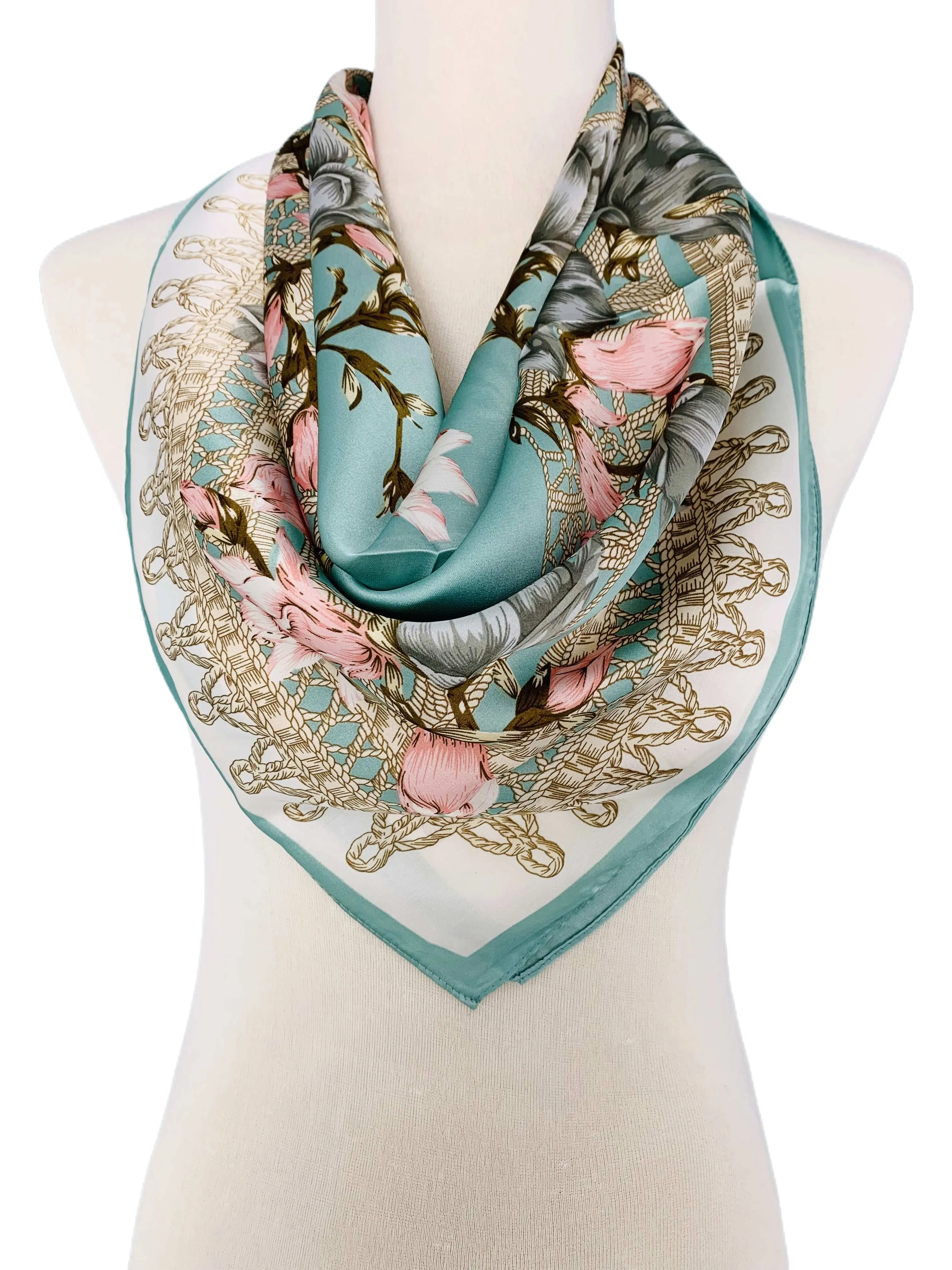 Luxurious Silk-Feel Square Scarf--Aqua & Pink Floral