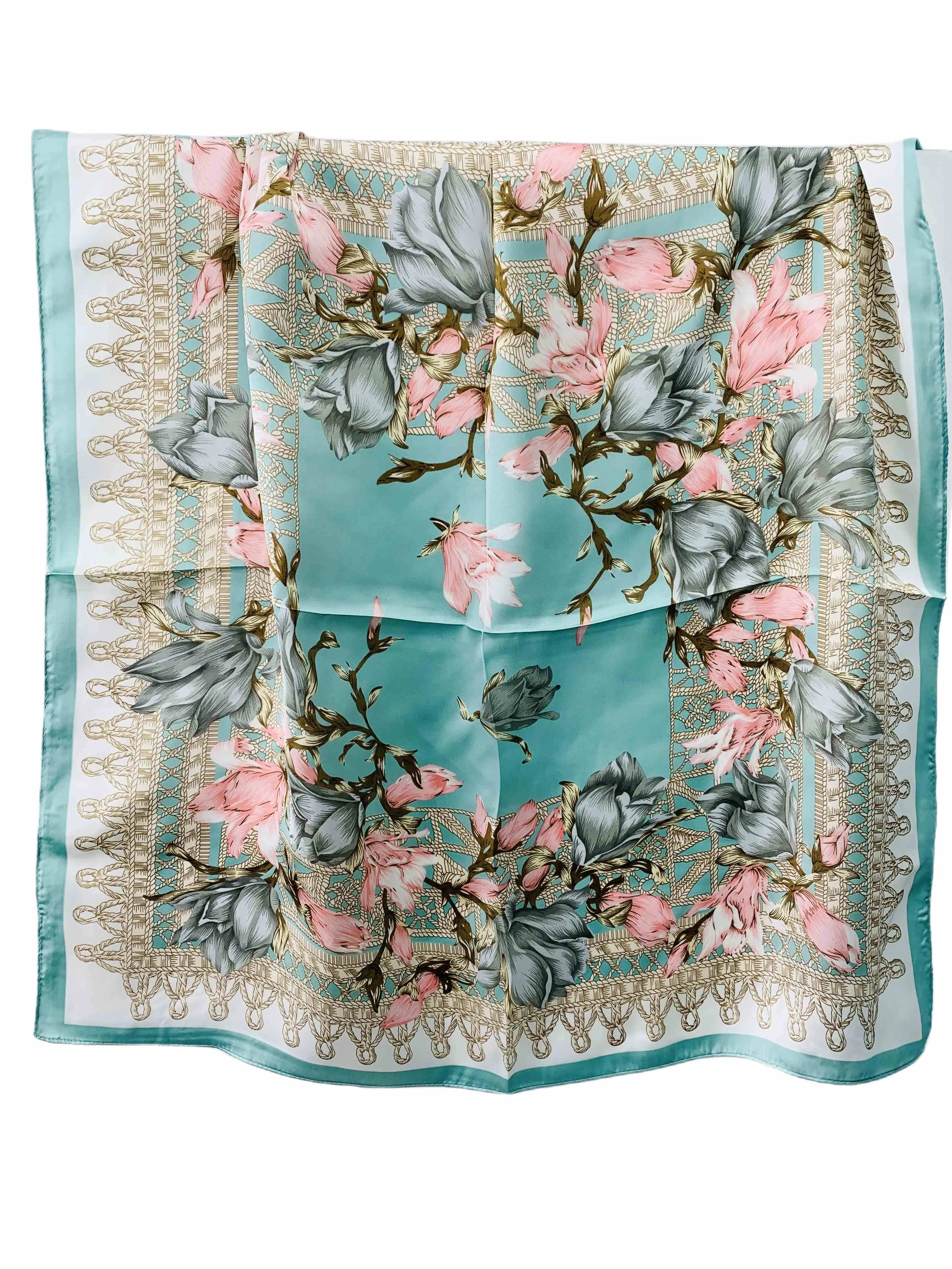 Luxurious Silk-Feel Square Scarf--Aqua & Pink Floral