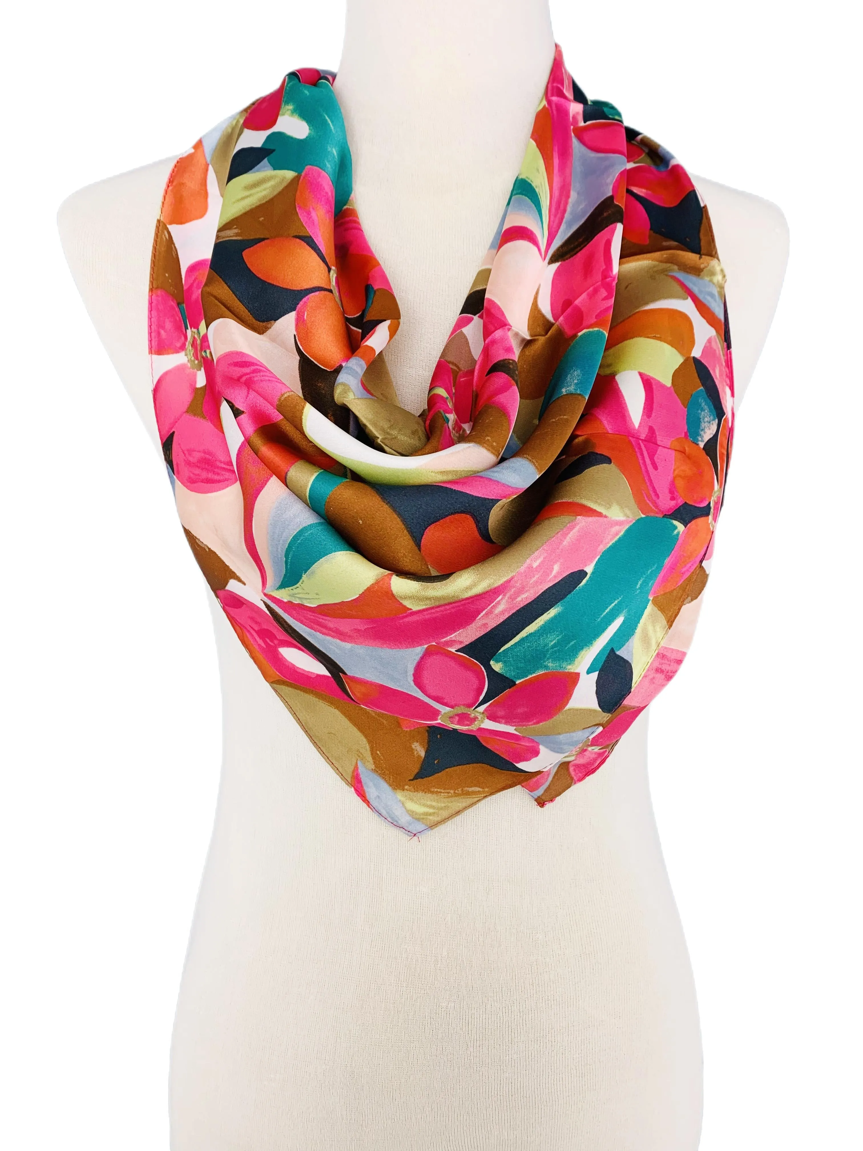 Luxurious Silk-Feel Square Scarf--Fuchsia & Teal Floral