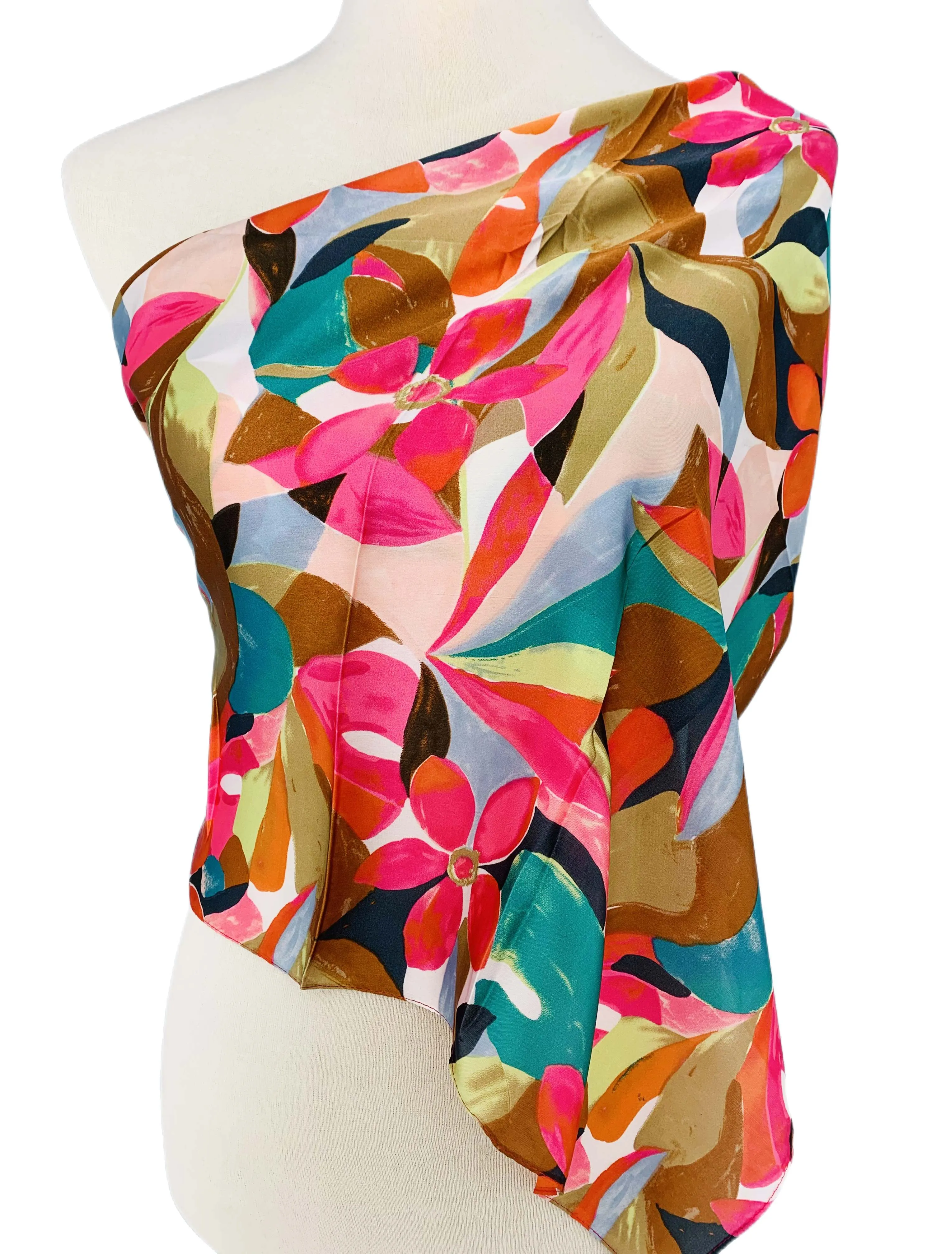 Luxurious Silk-Feel Square Scarf--Fuchsia & Teal Floral