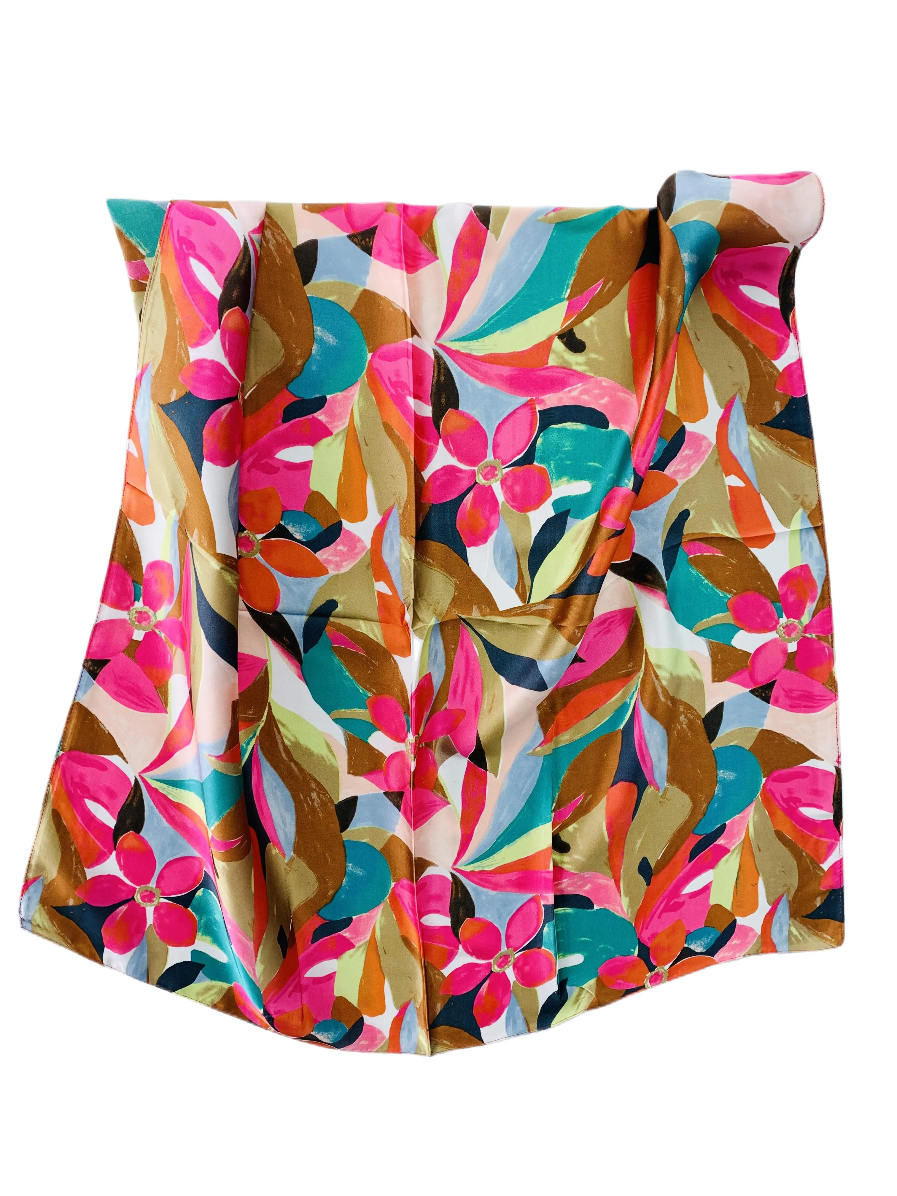 Luxurious Silk-Feel Square Scarf--Fuchsia & Teal Floral