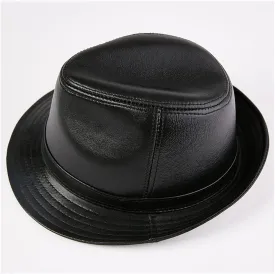 Men Fedora Hat Real Leather Dark Brown Jazz Hat Male Autumn Winter Men's Flat Top Cap (Color : Black, Size : 2XL59-60cm)