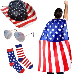 Mepase 4 Pcs 4th of July Outfits Accessories American Flag Cape Patriotic Western Cowboy Hat USA Patriotic Flag Socks Red White and Blue Sunglasses for Unisex 4th of July Independence Day Celebration