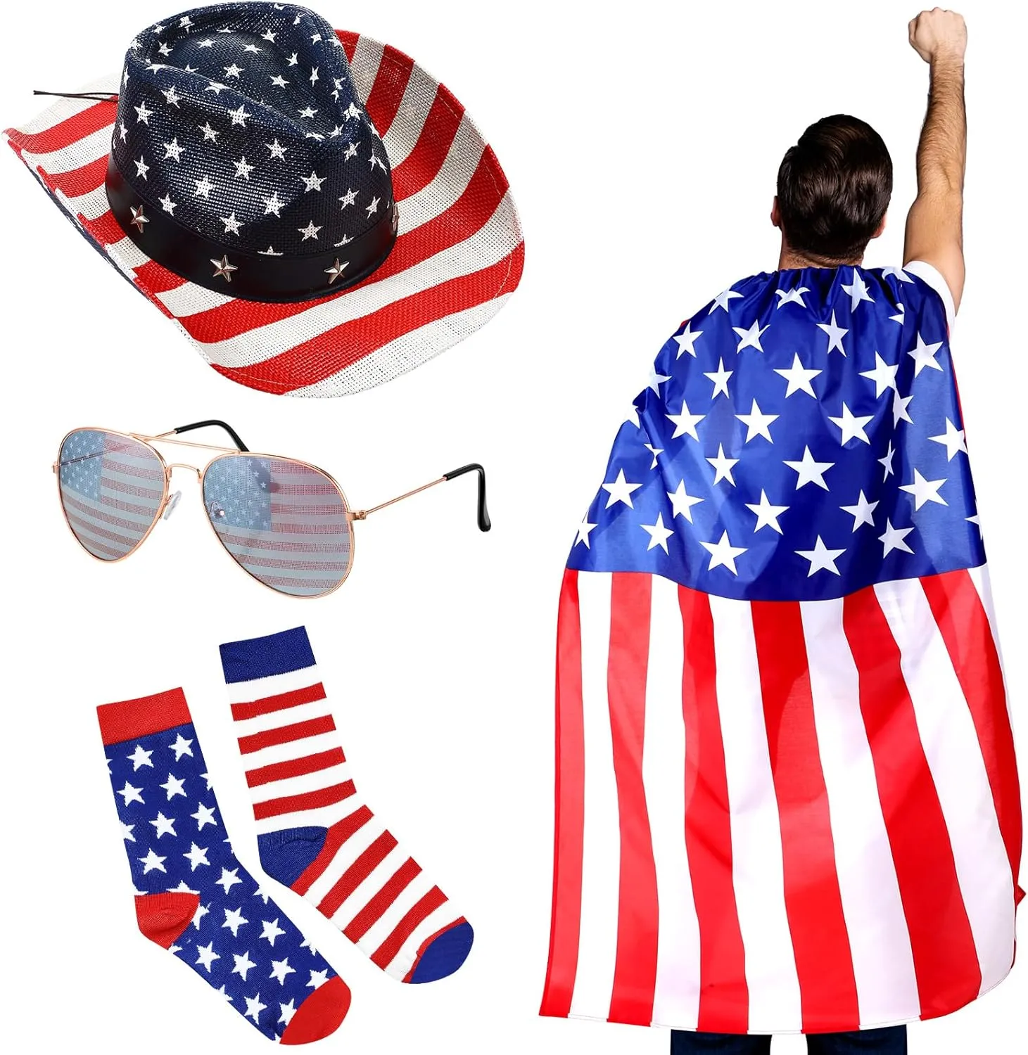 Mepase 4 Pcs 4th of July Outfits Accessories American Flag Cape Patriotic Western Cowboy Hat USA Patriotic Flag Socks Red White and Blue Sunglasses for Unisex 4th of July Independence Day Celebration
