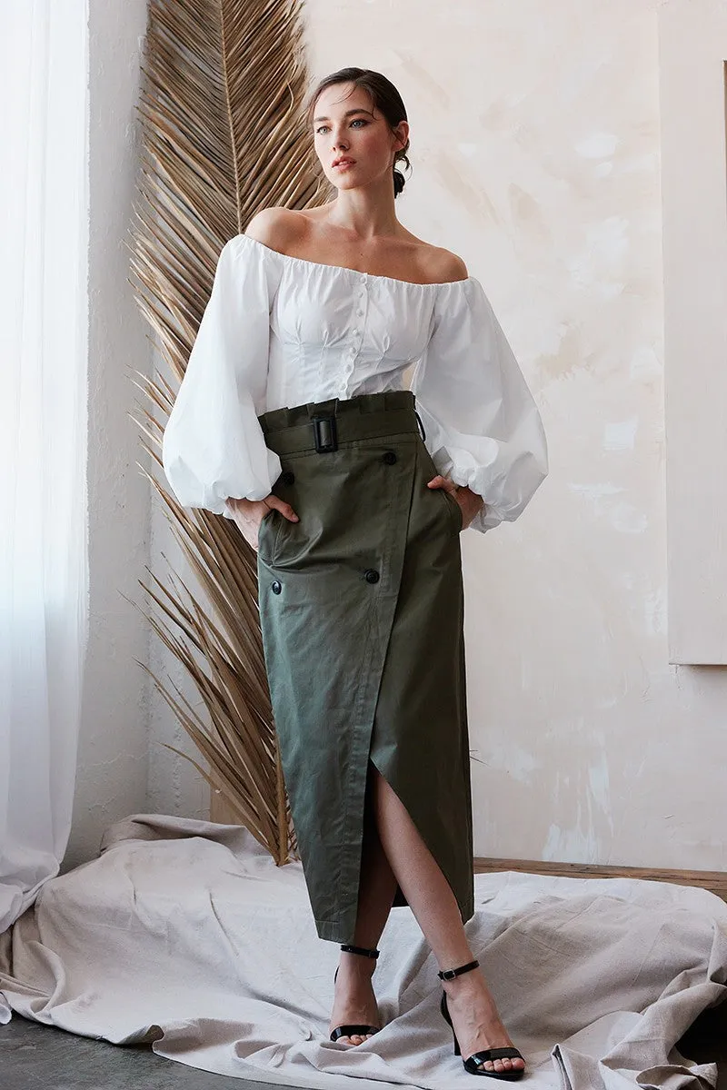 Olive Whisper High Waisted Wrap Midi Skirt