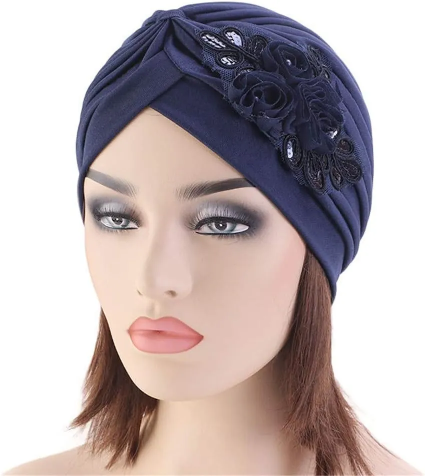 Qianmome Womens Sequin Flower Turban Elegant Muslim Beanie Head wrap Chemo Cap