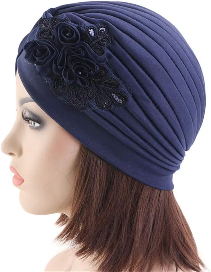 Qianmome Womens Sequin Flower Turban Elegant Muslim Beanie Head wrap Chemo Cap