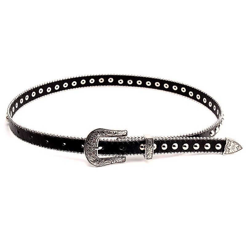 Retro Circular Rivets Belt With Silver Buckle / Decorative Belt For Jeans