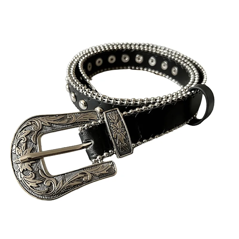 Retro Circular Rivets Belt With Silver Buckle / Decorative Belt For Jeans