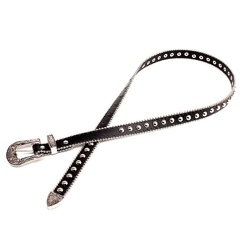 Retro Circular Rivets Belt With Silver Buckle / Decorative Belt For Jeans