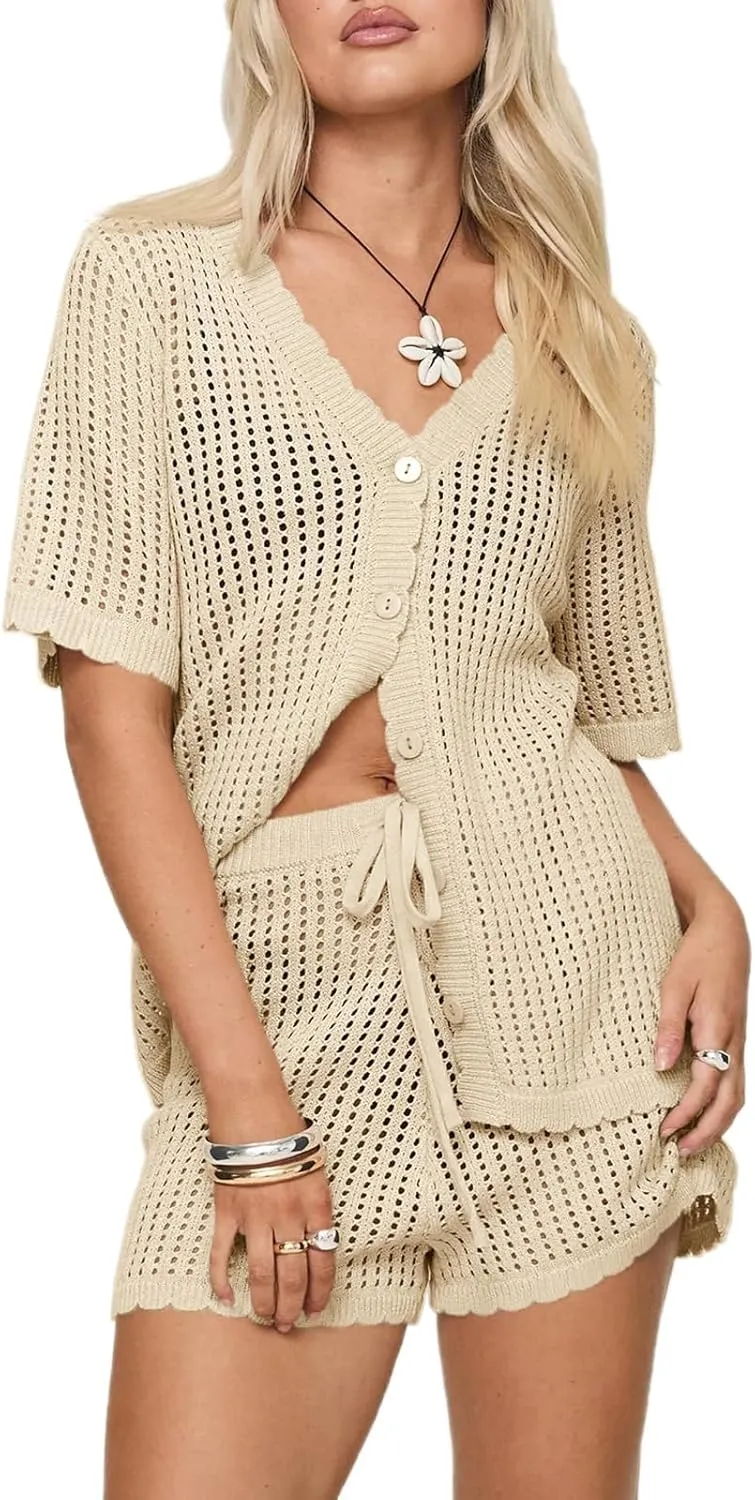 Saodimallsu Womens Crochet Swimsuit Coverup Sets Short Sleeve V Neck Button Tops Drawstring Shorts 2 Piece Beach Outfits