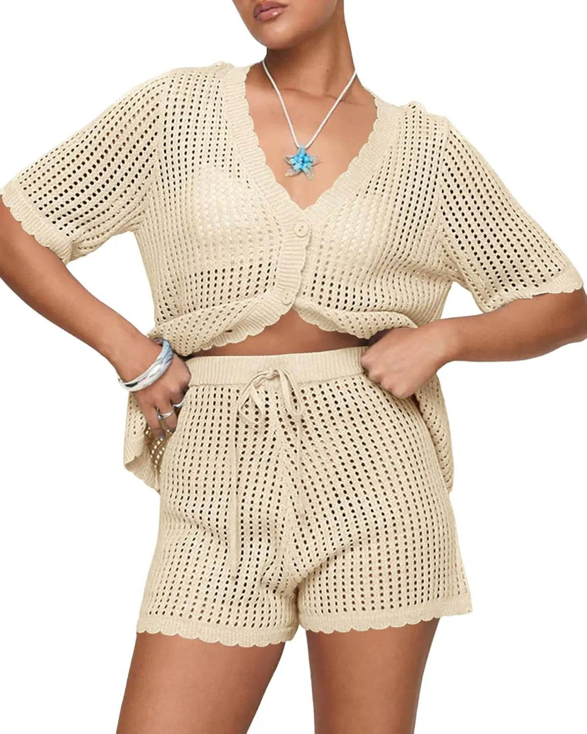 Saodimallsu Womens Crochet Swimsuit Coverup Sets Short Sleeve V Neck Button Tops Drawstring Shorts 2 Piece Beach Outfits