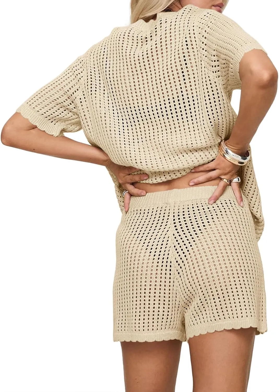 Saodimallsu Womens Crochet Swimsuit Coverup Sets Short Sleeve V Neck Button Tops Drawstring Shorts 2 Piece Beach Outfits
