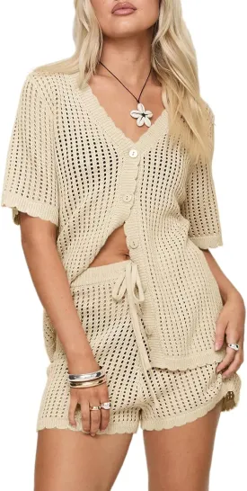 Saodimallsu Womens Crochet Swimsuit Coverup Sets Short Sleeve V Neck Button Tops Drawstring Shorts 2 Piece Beach Outfits