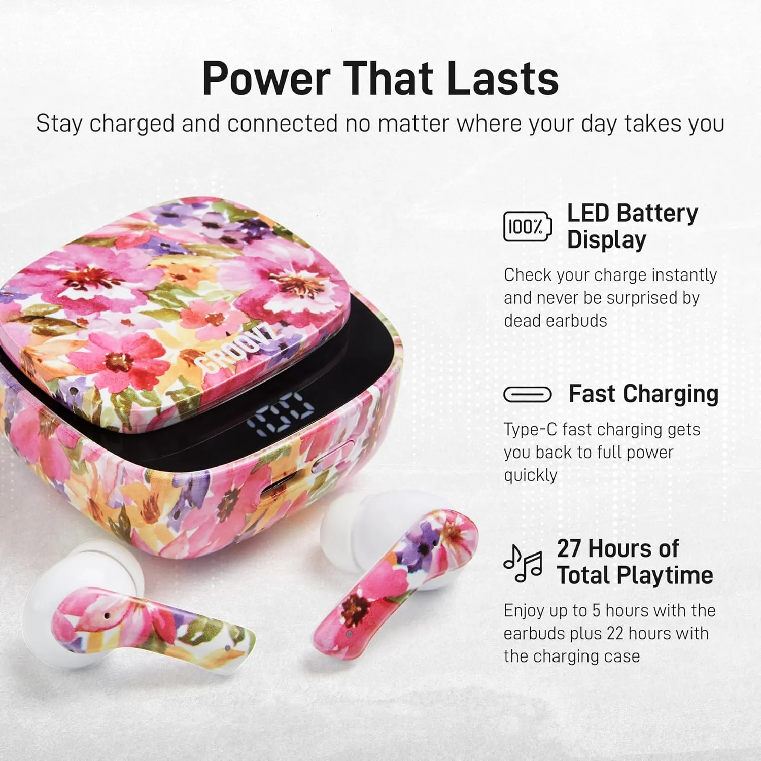True Wireless Earbuds with Charging Case - Designed and Engineered in The USA - IPx4 Water Resistant Bluetooth Earbuds Compatible with Apple and Android - 27Hrs Battery Life - Floral