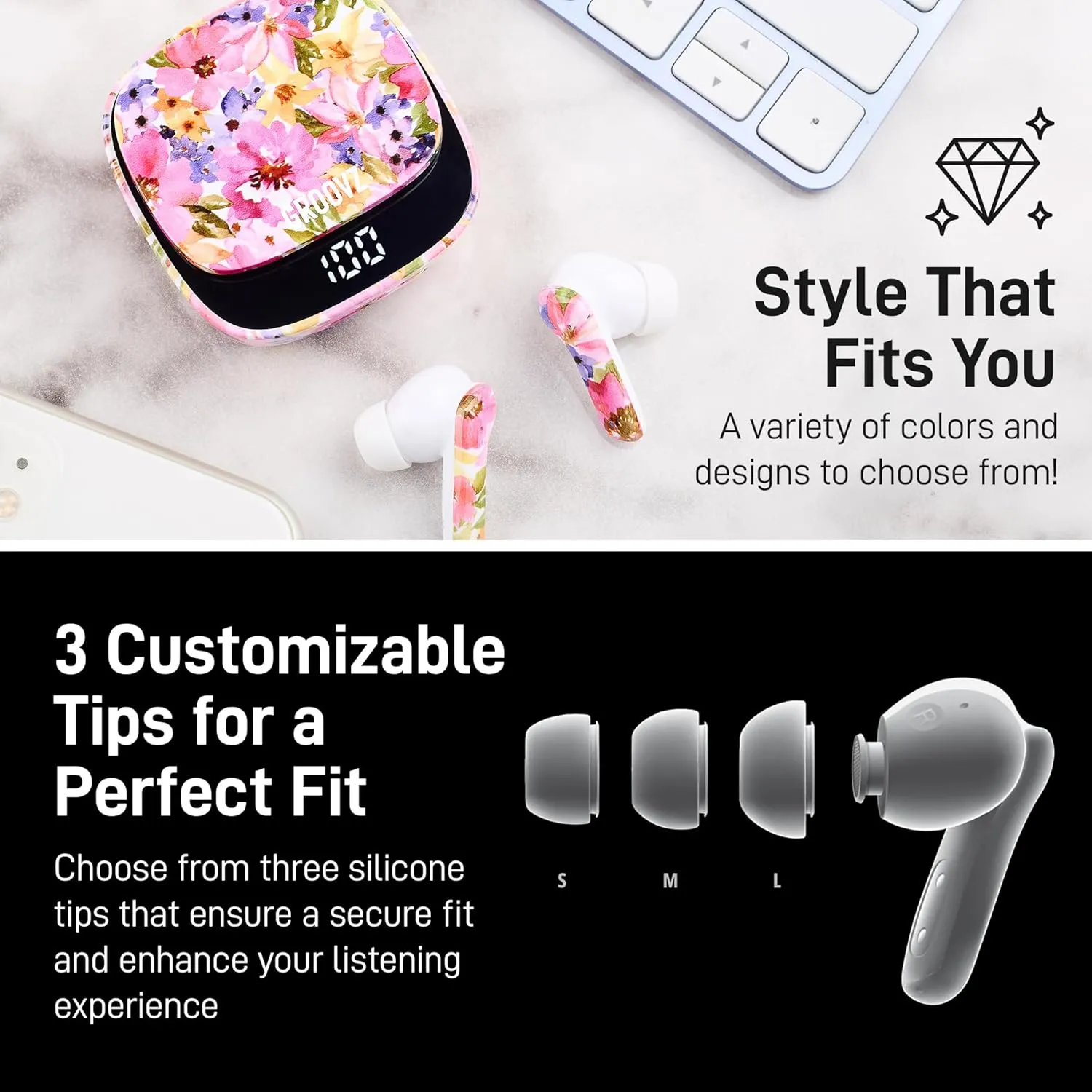 True Wireless Earbuds with Charging Case - Designed and Engineered in The USA - IPx4 Water Resistant Bluetooth Earbuds Compatible with Apple and Android - 27Hrs Battery Life - Floral