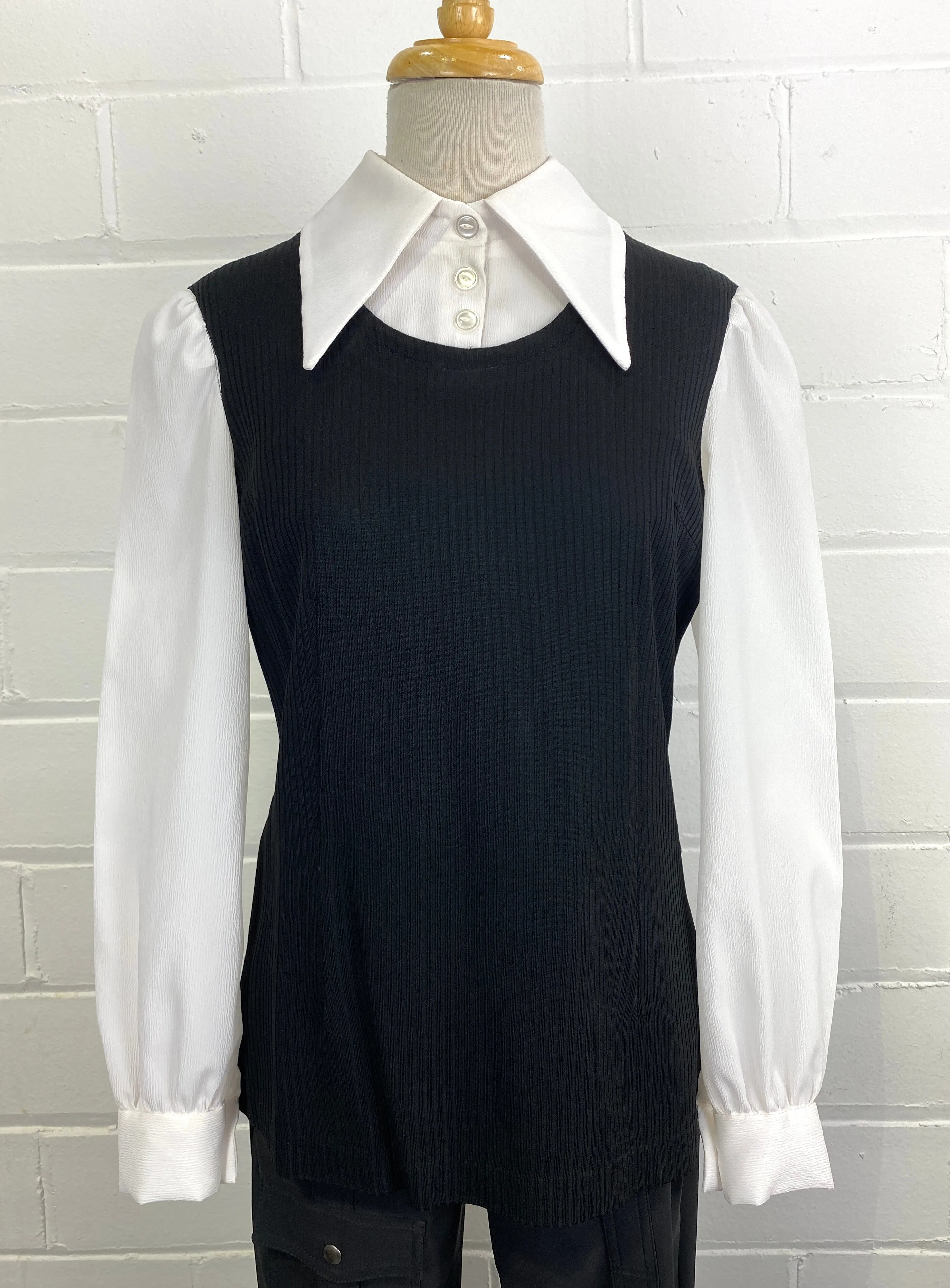 Vintage 1970s Black & White Faux Shirt & Vest Zip Top, Medium