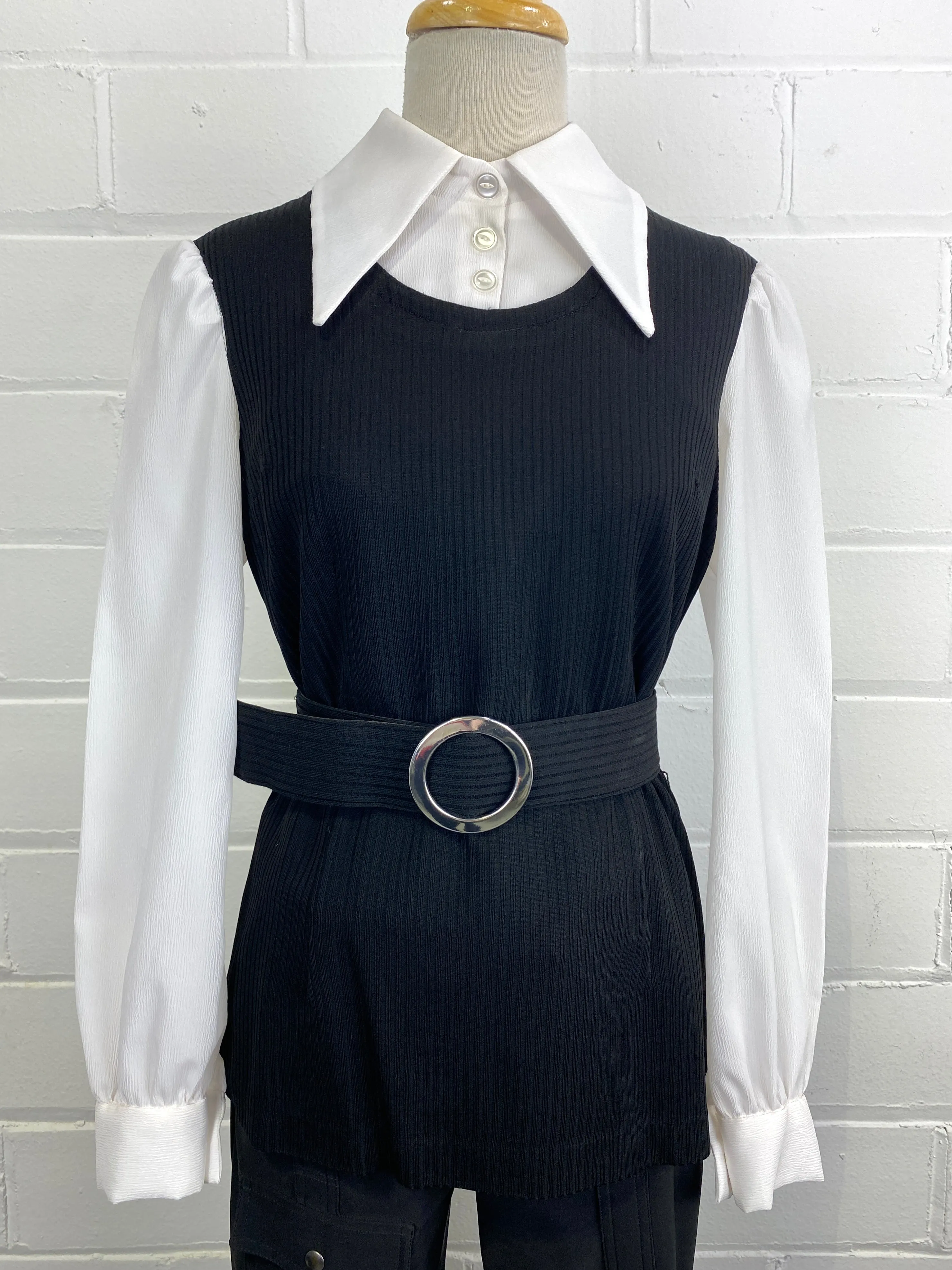 Vintage 1970s Black & White Faux Shirt & Vest Zip Top, Medium