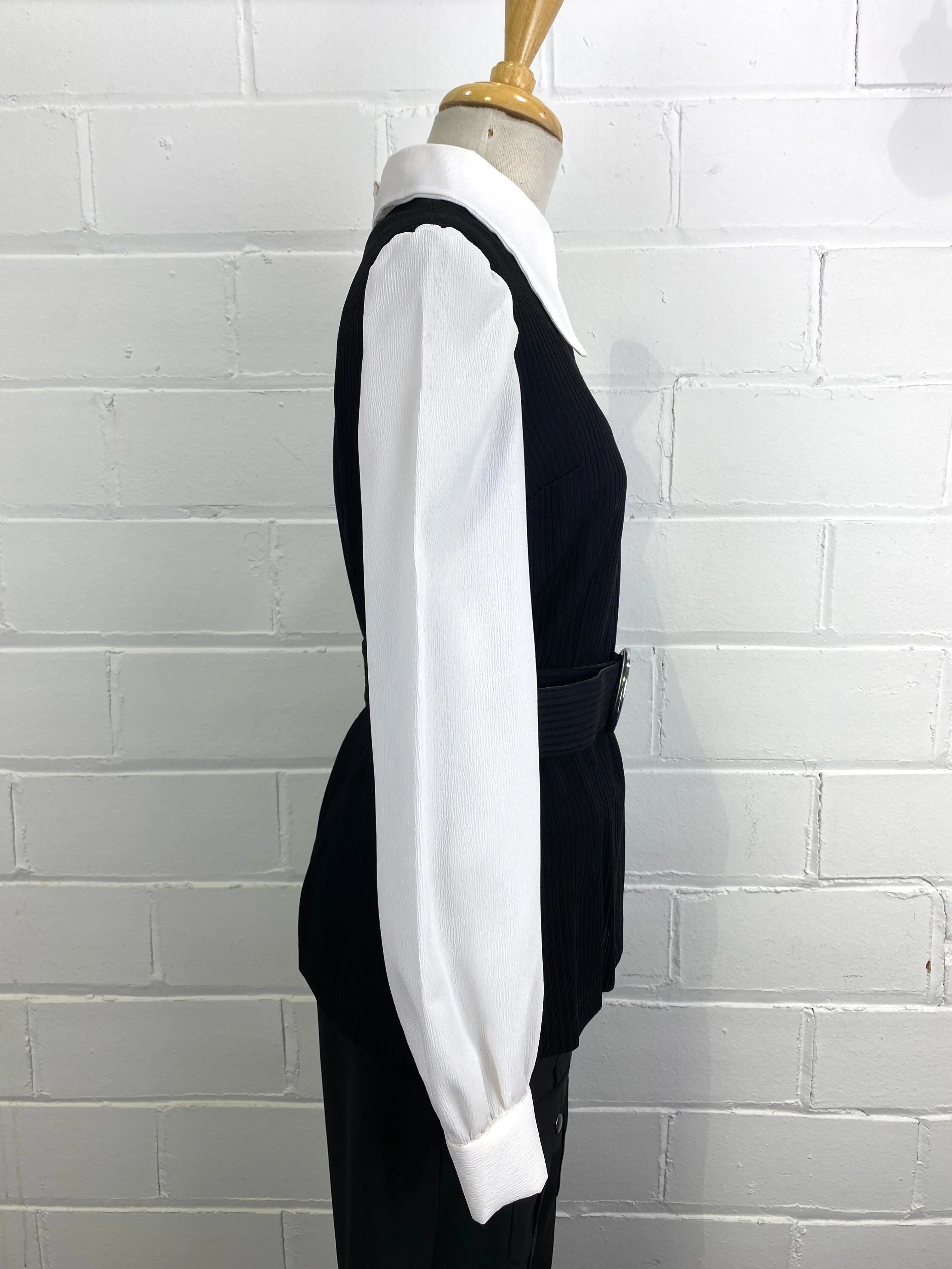 Vintage 1970s Black & White Faux Shirt & Vest Zip Top, Medium