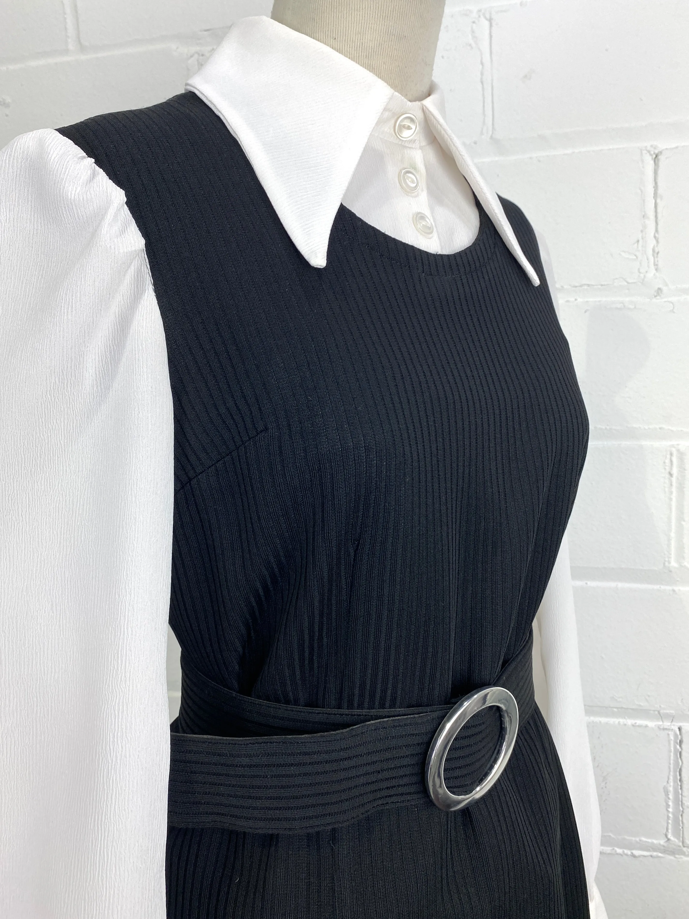 Vintage 1970s Black & White Faux Shirt & Vest Zip Top, Medium