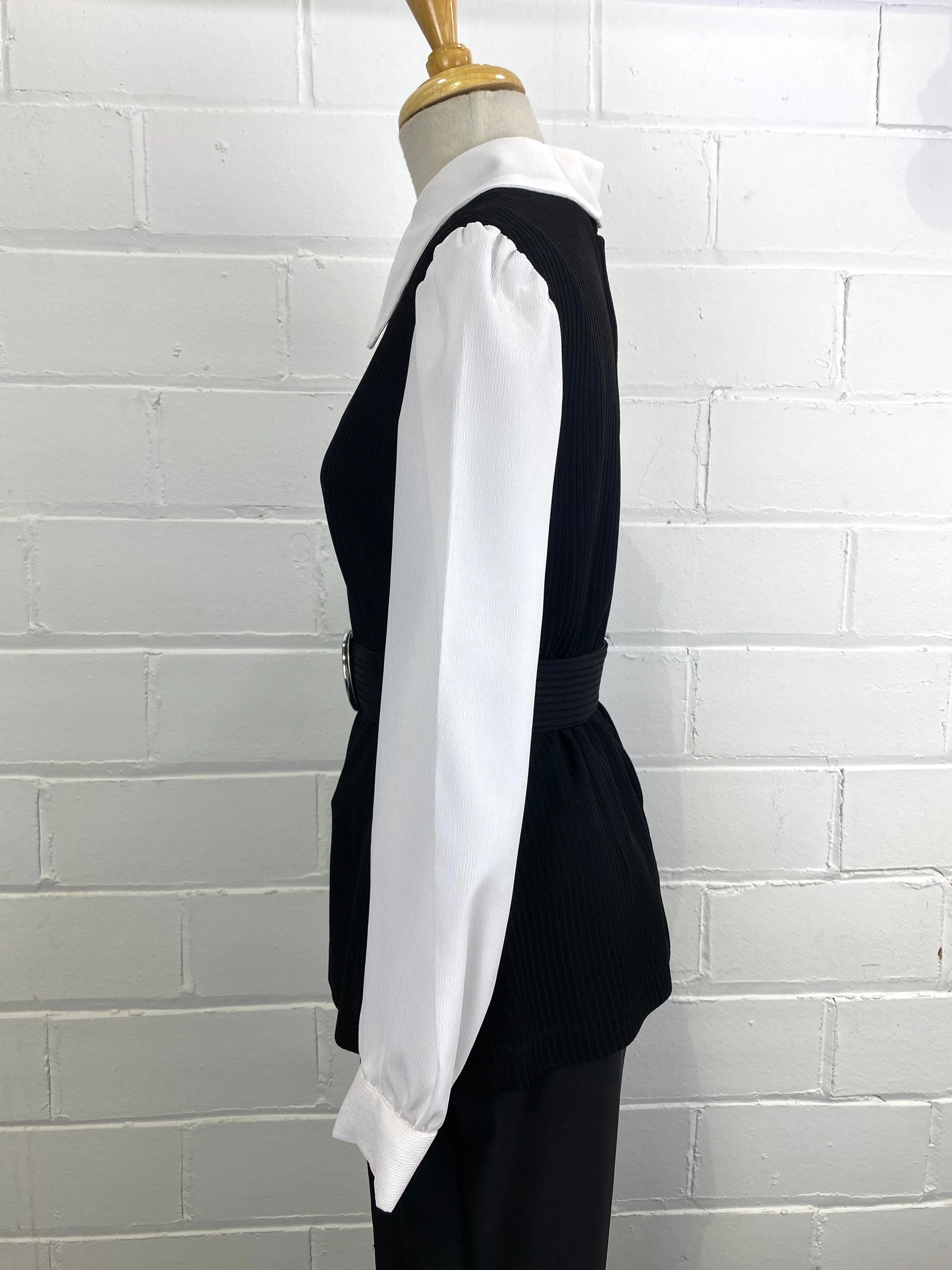 Vintage 1970s Black & White Faux Shirt & Vest Zip Top, Medium