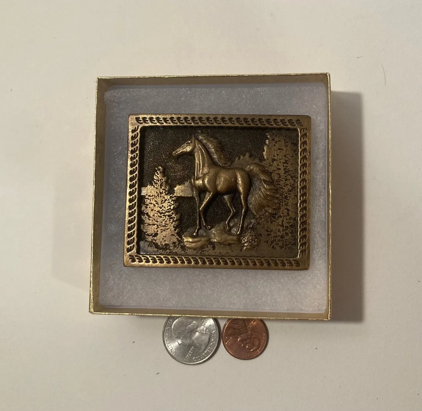 Vintage 1977 Metal Belt Buckle, Brass, Horse, Stallion, Nice Western Design, 3" x 2 1/4", Heavy Duty, Quality, Made in USA