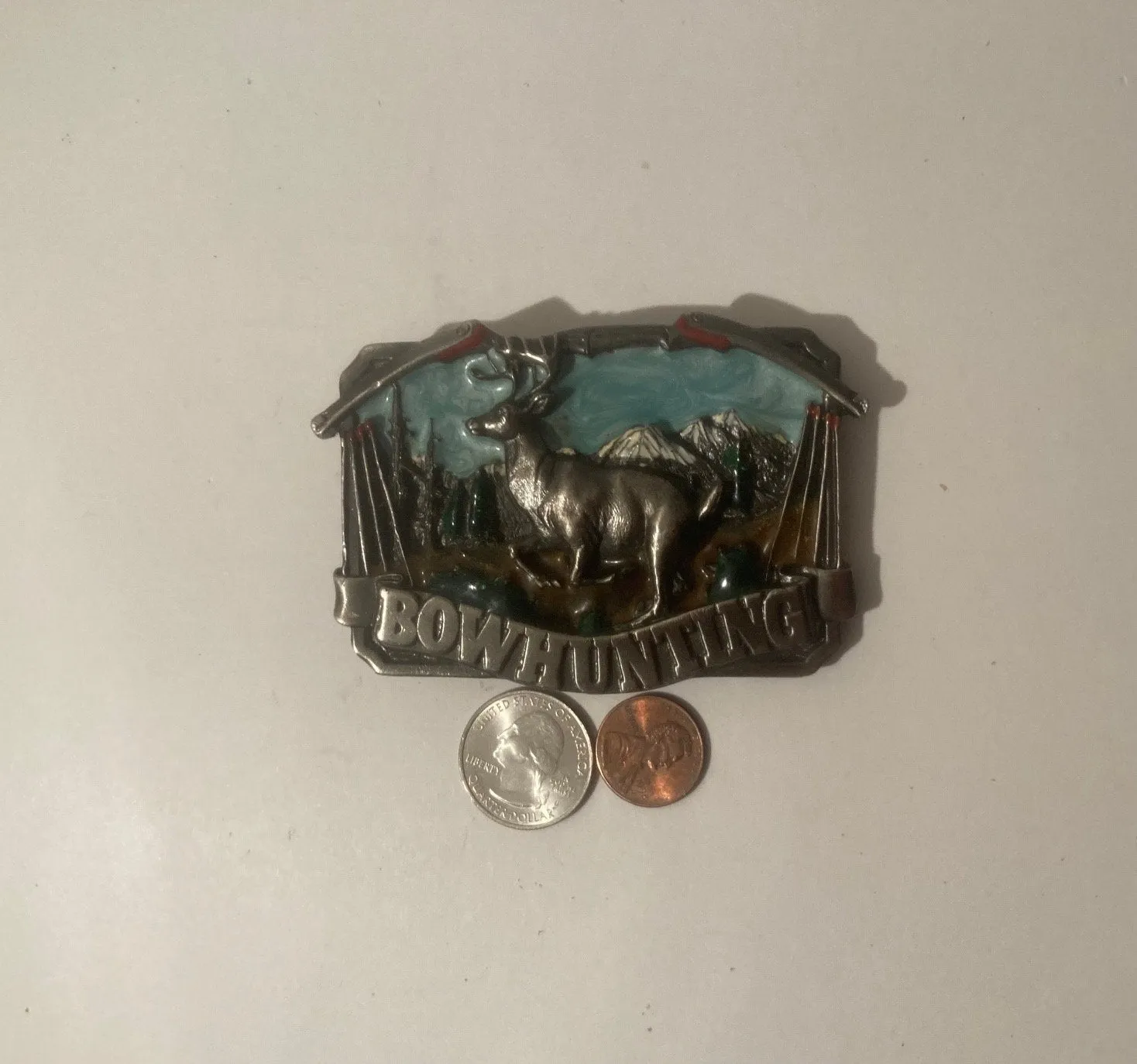 Vintage Metal Belt Buckle, Bow Hunting, Buck, Deer, Nature, Wildlife, Made in USA, Quality, Heavy Duty, Fashion, Belts, Shelf Display