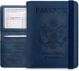WALNEW Passport Holder Wallet, RFID Blocking Passport Cover Case PU leather Card Holder with Pen and Clear Card Slot for Women Men, Navy Blue