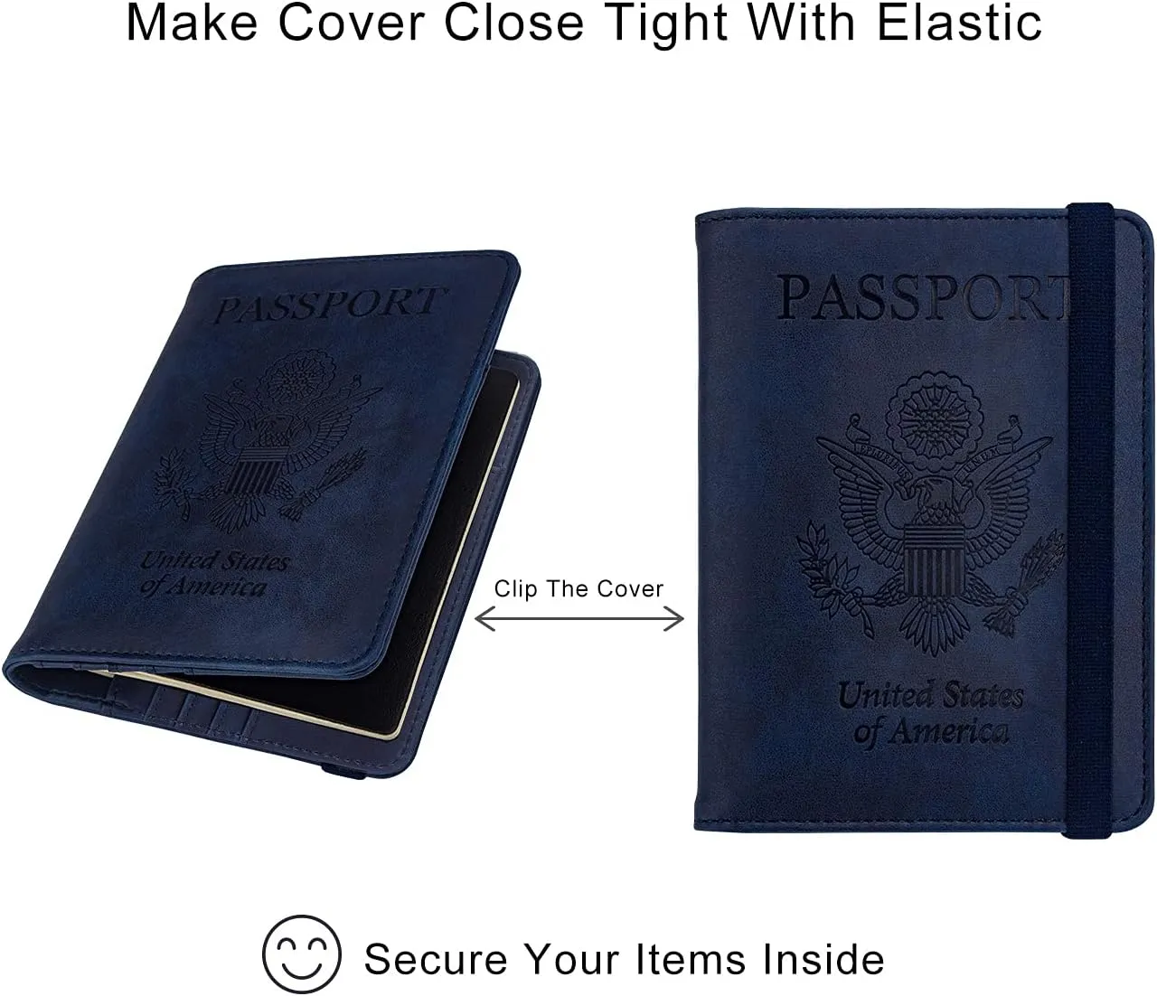 WALNEW Passport Holder Wallet, RFID Blocking Passport Cover Case PU leather Card Holder with Pen and Clear Card Slot for Women Men, Navy Blue