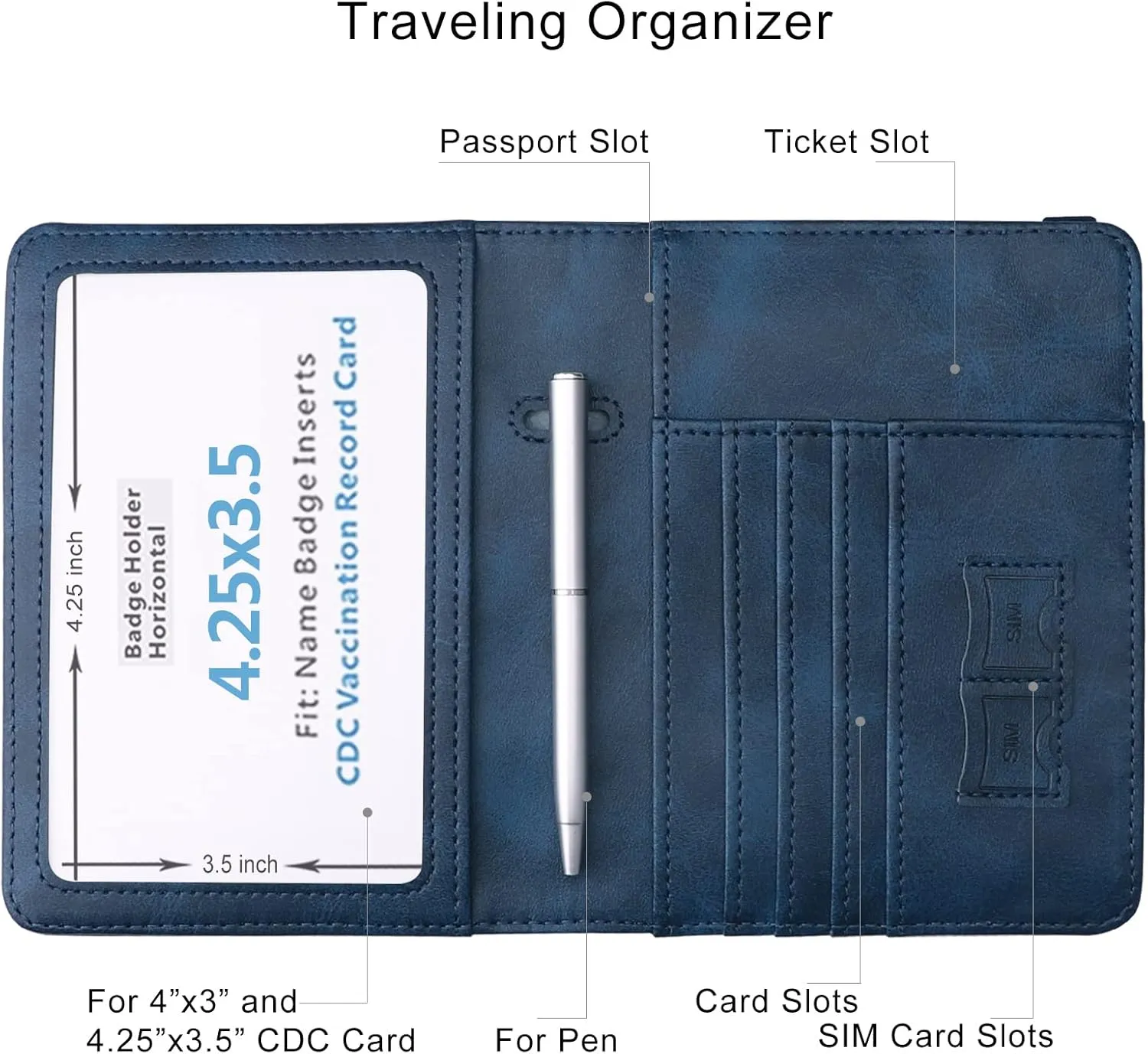 WALNEW Passport Holder Wallet, RFID Blocking Passport Cover Case PU leather Card Holder with Pen and Clear Card Slot for Women Men, Navy Blue