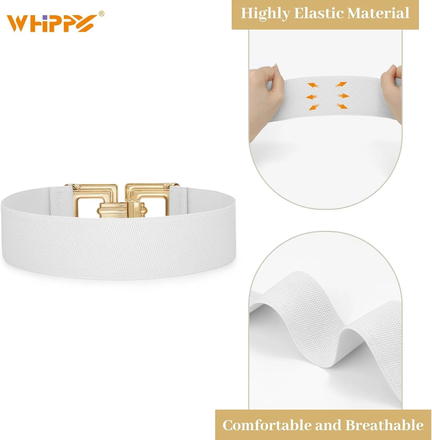 WHIPPY Women Wide Elastic Waist Belt Fashion Hollow Out Square Gold Buckle Stretchy Belt Waistband for Ladies