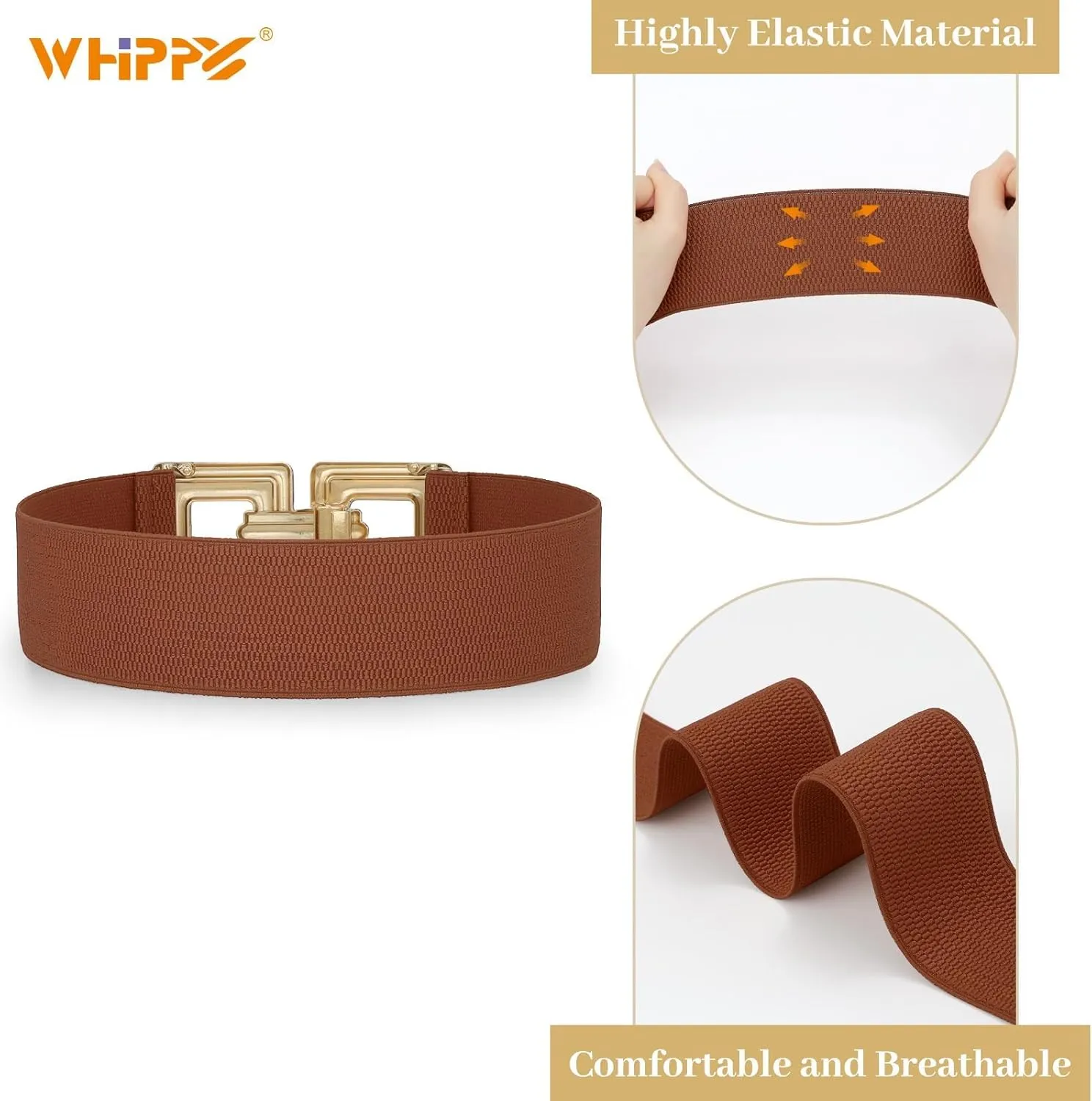 WHIPPY Women Wide Elastic Waist Belt Fashion Hollow Out Square Gold Buckle Stretchy Belt Waistband for Ladies