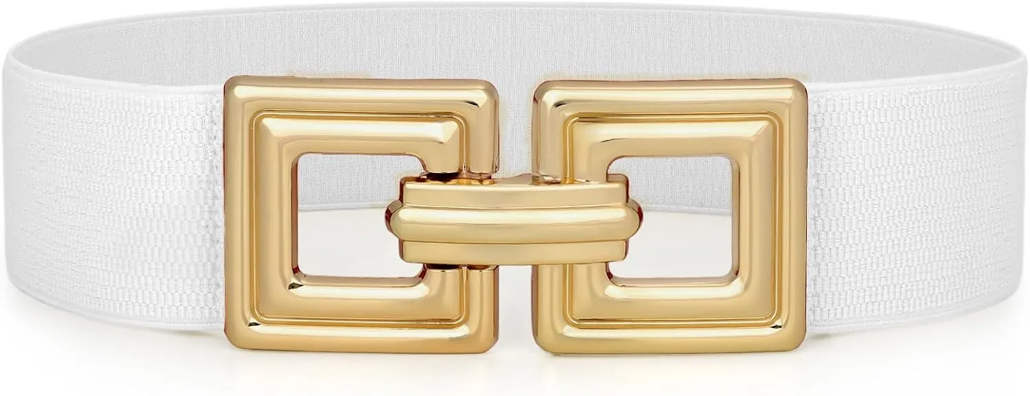 WHIPPY Women Wide Elastic Waist Belt Fashion Hollow Out Square Gold Buckle Stretchy Belt Waistband for Ladies