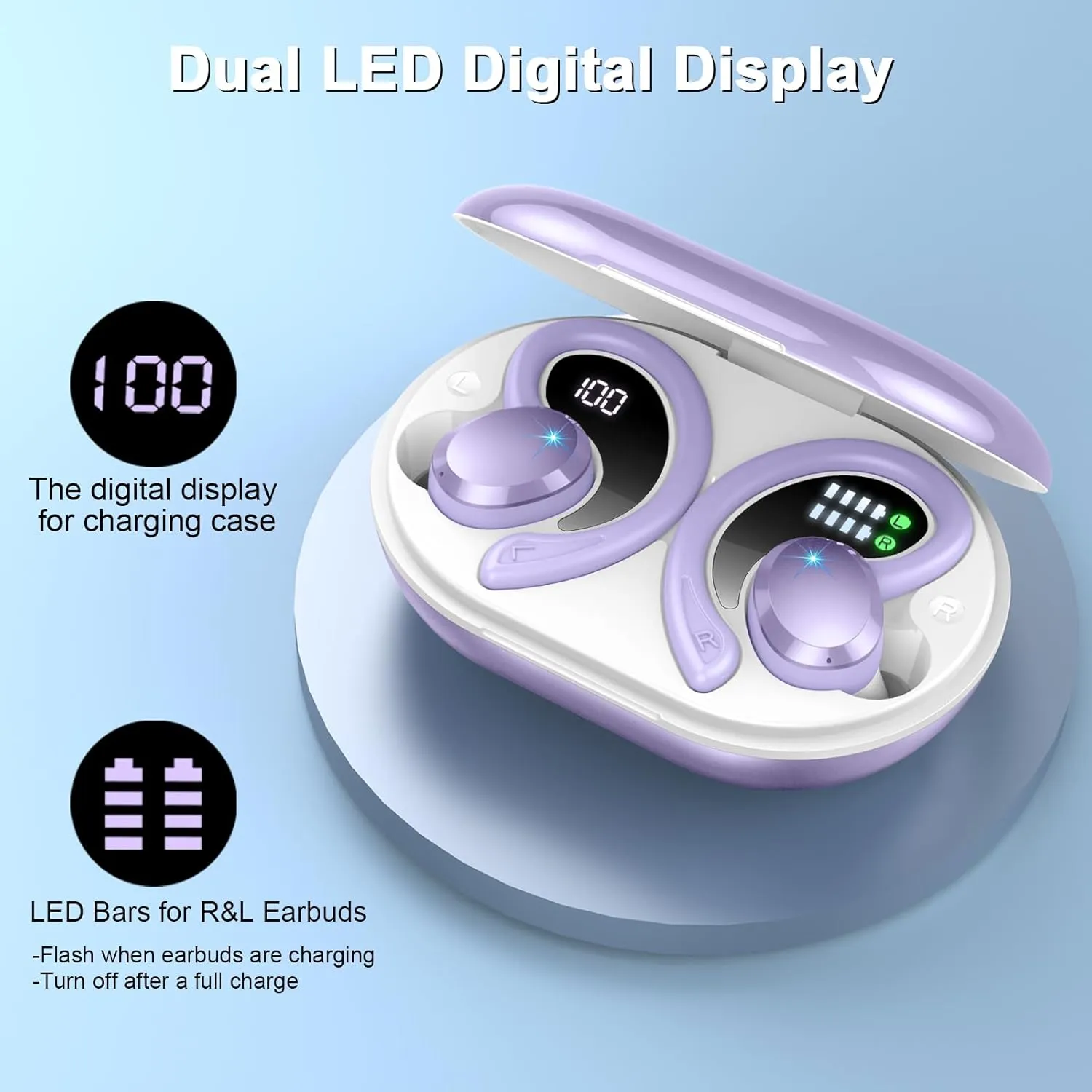 Wireless Earbuds Bluetooth Headphone Sport, Bluetooth 5.3 Earbud 3D HiFi Stereo Over Ear Buds, 48Hrs Earhooks Earphone with Noise Cancelling Mic, IP7 Waterproof Headset for Workout/Running/Gym, Purple