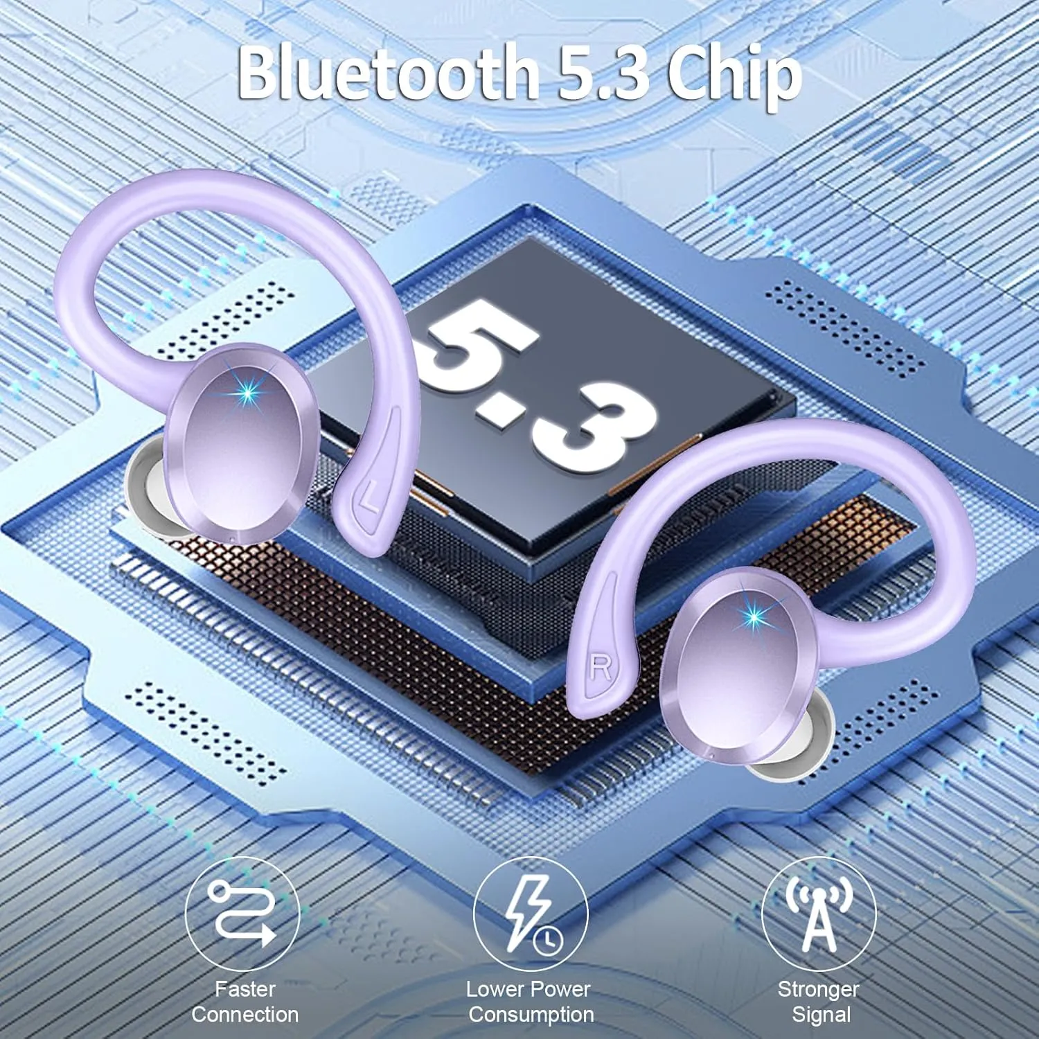 Wireless Earbuds Bluetooth Headphone Sport, Bluetooth 5.3 Earbud 3D HiFi Stereo Over Ear Buds, 48Hrs Earhooks Earphone with Noise Cancelling Mic, IP7 Waterproof Headset for Workout/Running/Gym, Purple
