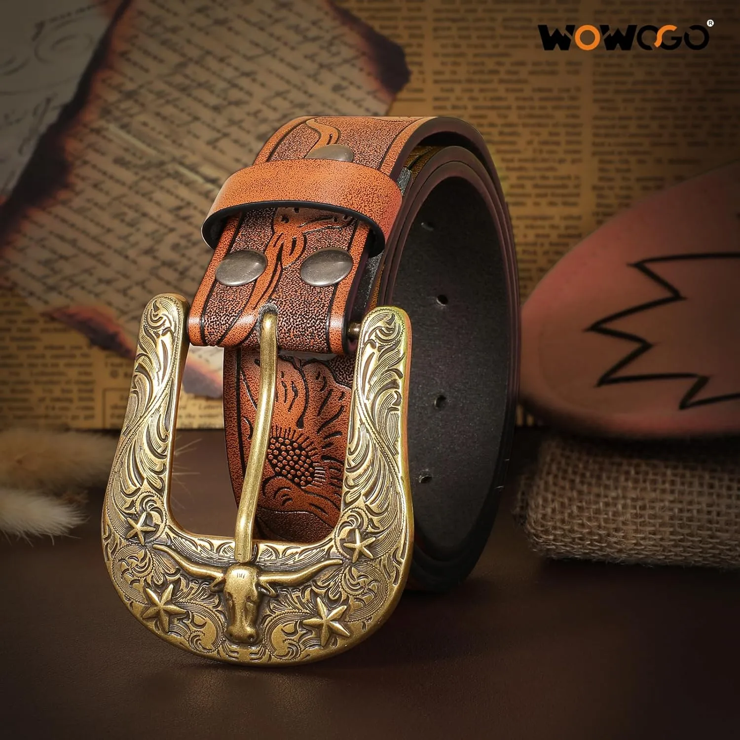 Women Men Western Belts Cowboy Cowgirl Country Belt Longhorn Bull Buckle Floral Embossed Belt for Jeans Dresses