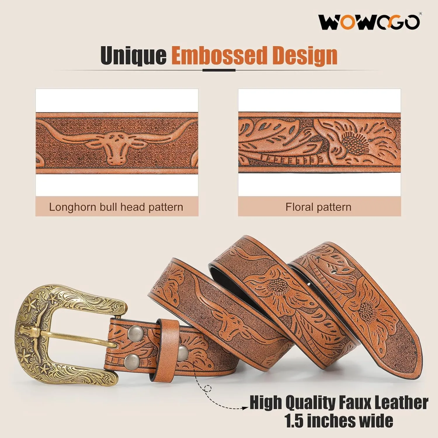 Women Men Western Belts Cowboy Cowgirl Country Belt Longhorn Bull Buckle Floral Embossed Belt for Jeans Dresses