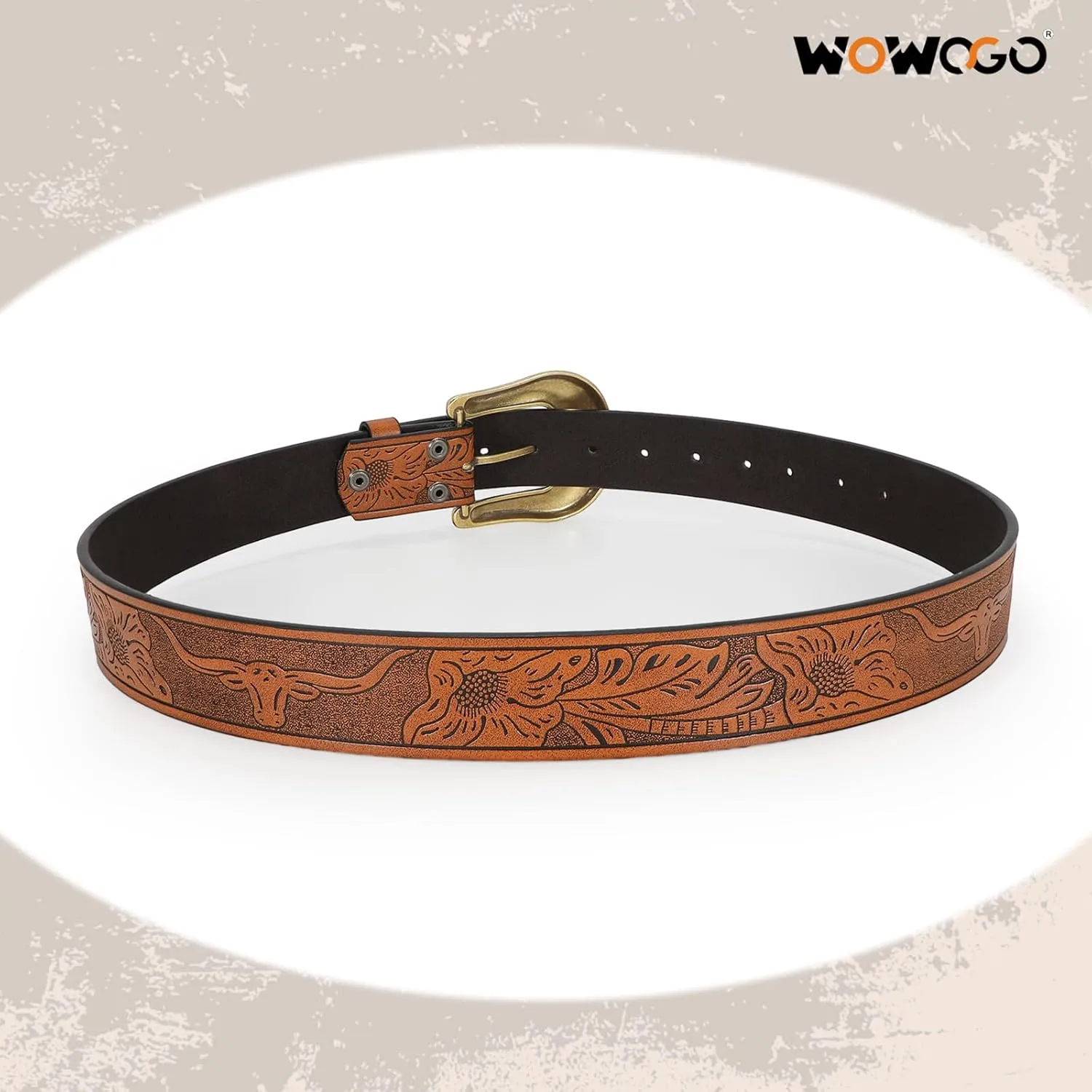 Women Men Western Belts Cowboy Cowgirl Country Belt Longhorn Bull Buckle Floral Embossed Belt for Jeans Dresses