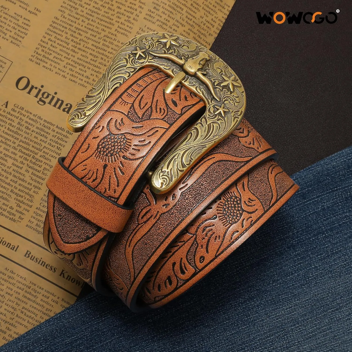 Women Men Western Belts Cowboy Cowgirl Country Belt Longhorn Bull Buckle Floral Embossed Belt for Jeans Dresses