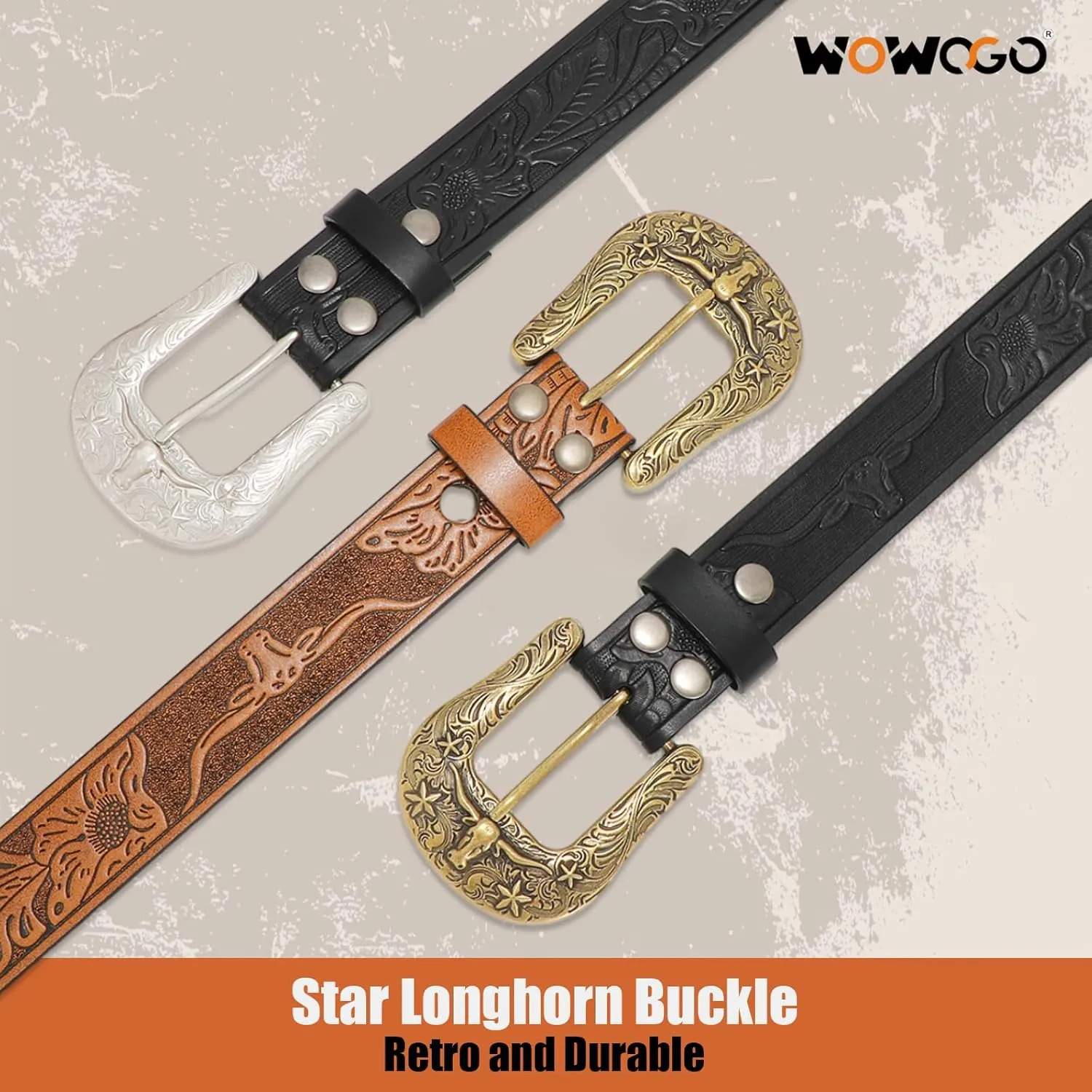Women Men Western Belts Cowboy Cowgirl Country Belt Longhorn Bull Buckle Floral Embossed Belt for Jeans Dresses