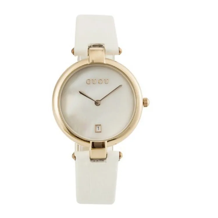 Women's Watch Black plus gold side with calendar dial durable leather strap simple watch